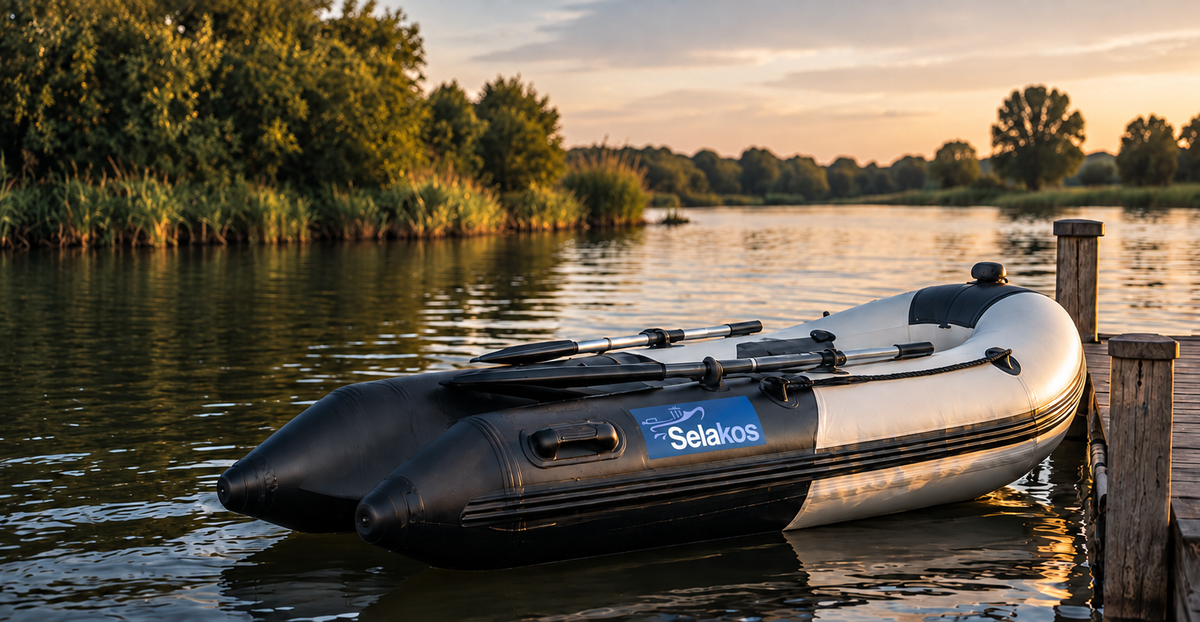 Selakos 280-SL rubberboot afgemeerd aan een houten steiger bij zonsondergang