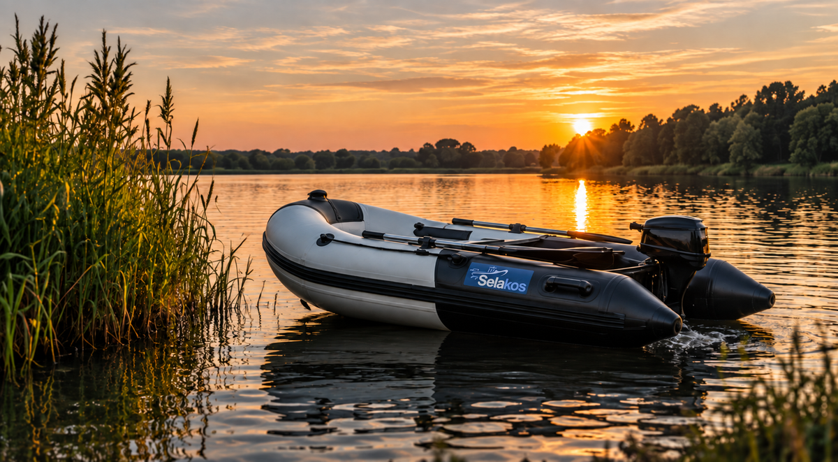 Selakos rubberboot met buitenboordmotor langs de rietkraag bij zonsondergang